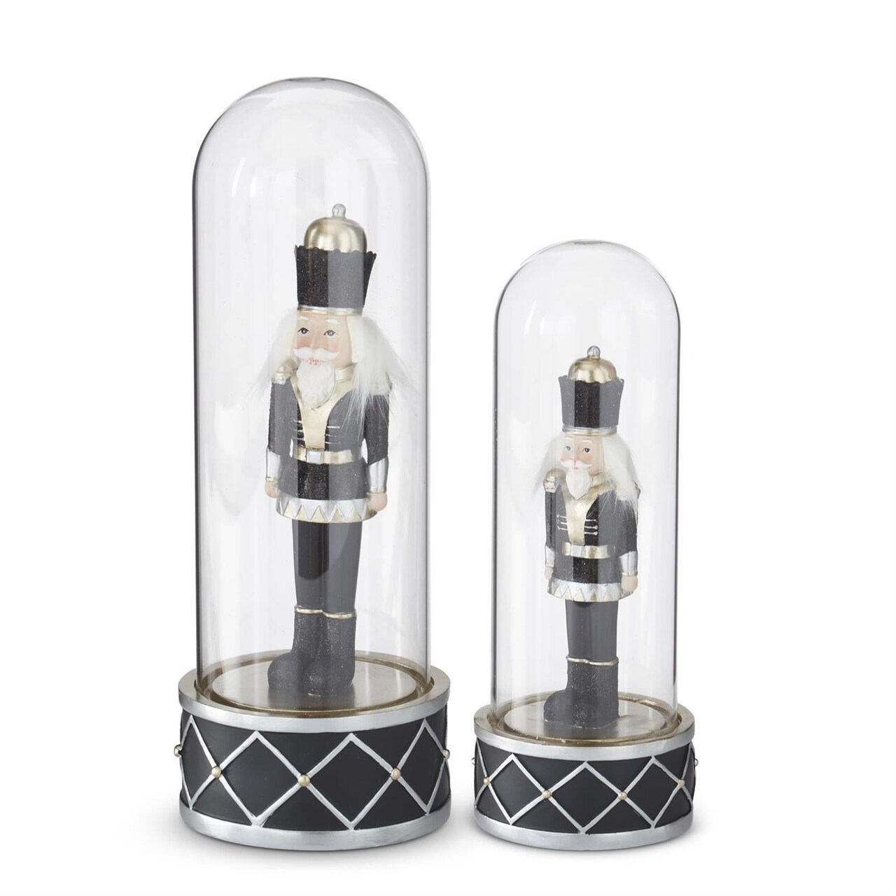Set of 2 Black & Gold Nutcracker Soldiers Under Glass Cloche – Elegant Christmas Décor